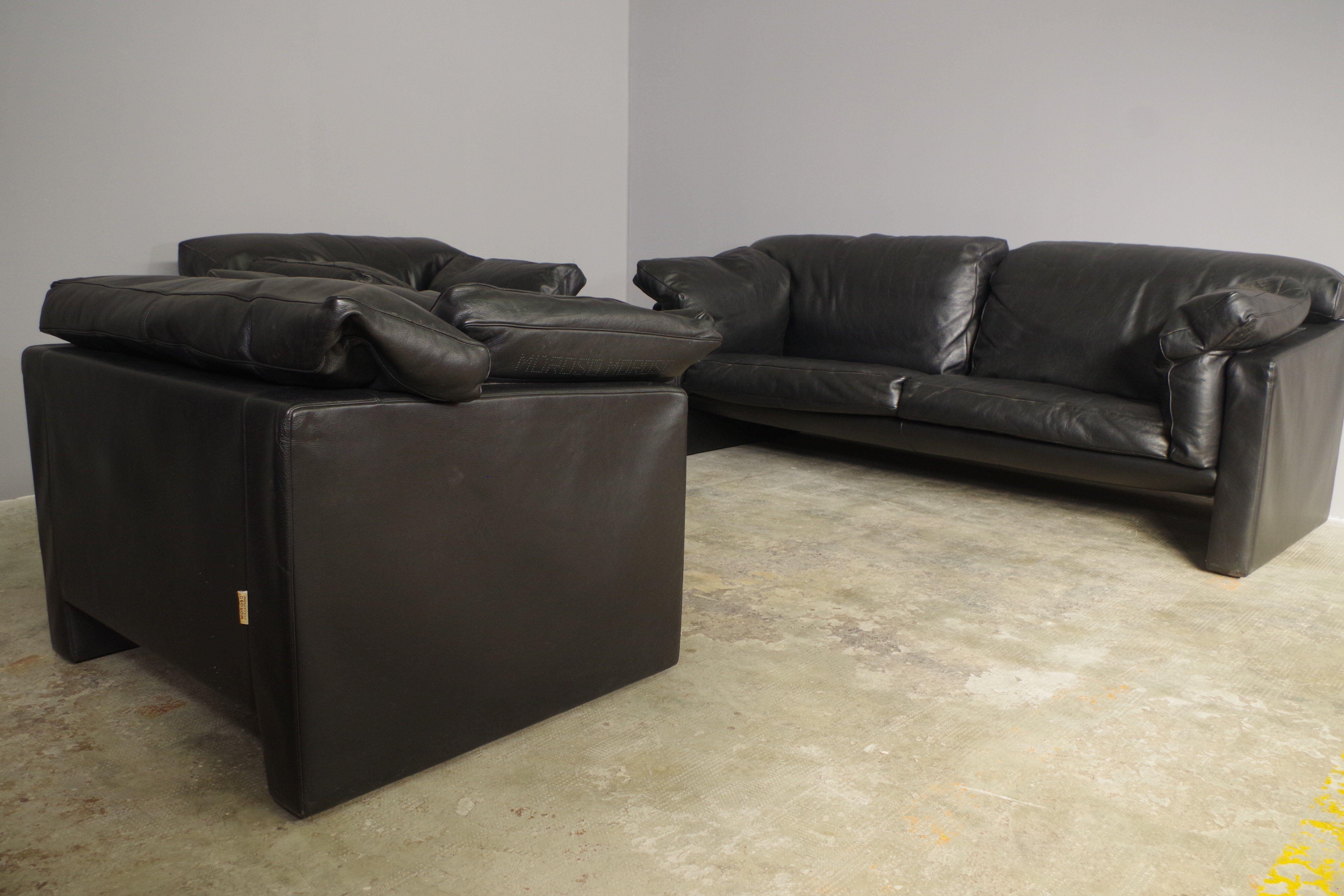Moroso sofa set and armchairs in black leather, 1984