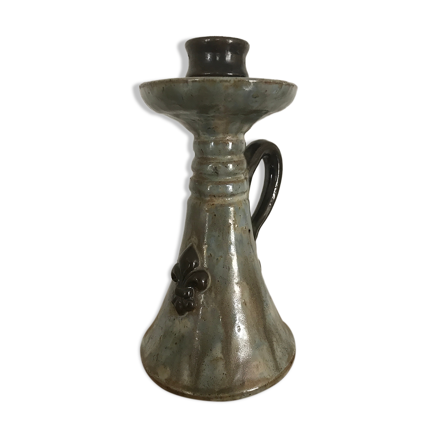 Candle holder old sandstone blue glazed bouffioulx signed dubois décor de lys