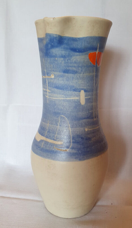 Pitcher Vallauris Vintage Abstract Decor On Blue Glacis Signed R AND G AUGUSTE