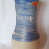 Pitcher Vallauris Vintage Abstract Decor On Blue Glacis Signed R AND G AUGUSTE