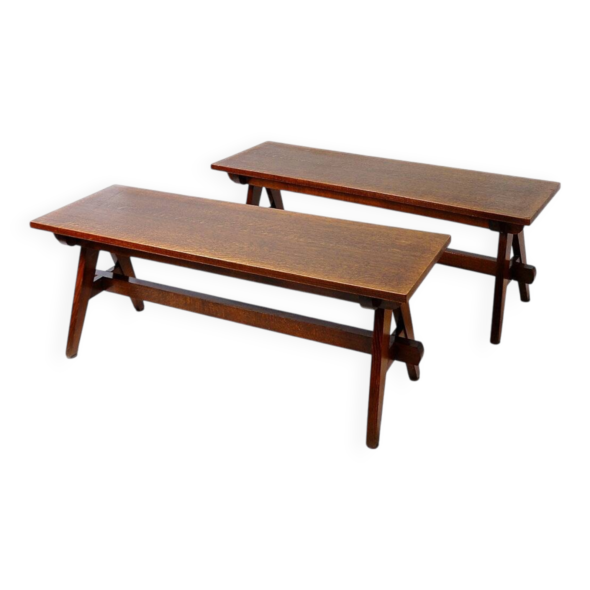 Pair of solid wood benches with compass feet