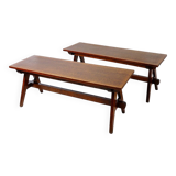 Pair of solid wood benches with compass feet