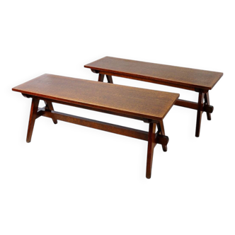 Pair of solid wood benches with compass feet