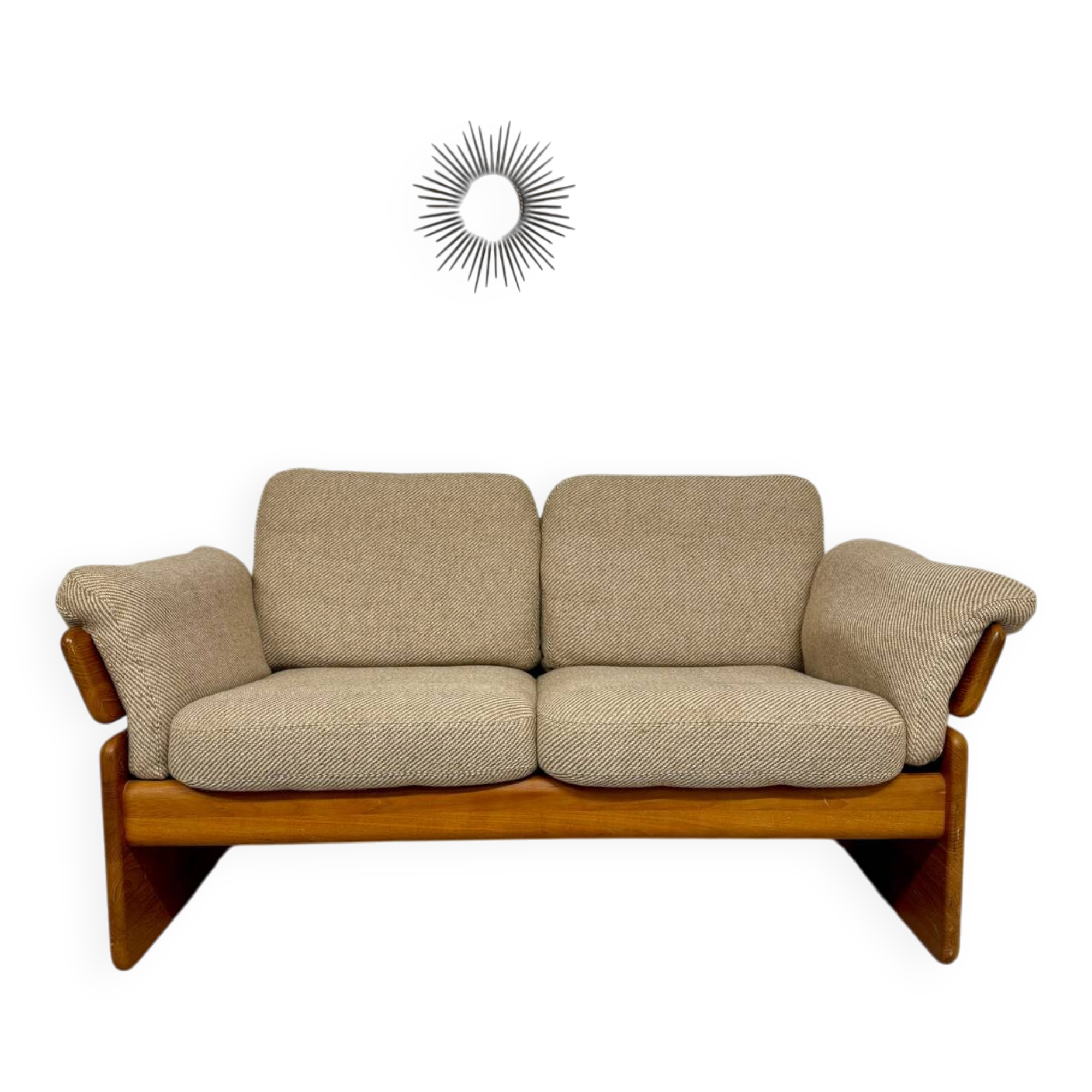 Old sofa in solid elm and vintage 80s design fabric Seltz France