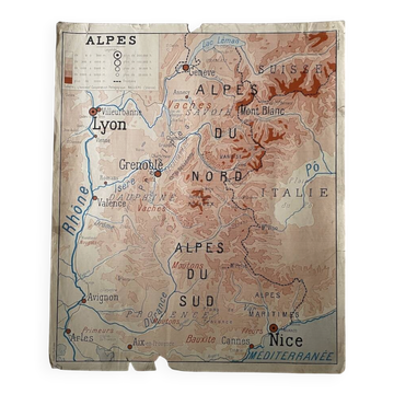 Vintage school map 1950 double-sided "The Alps / The Pyrenees"