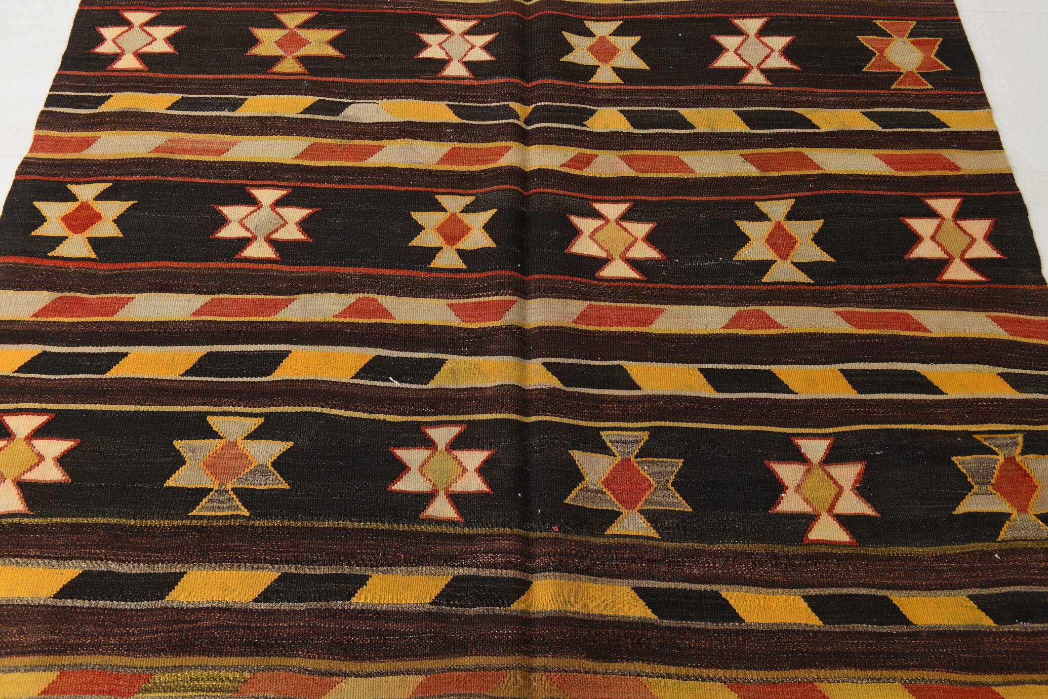 6x10 Dark Brown & Yellow Striped Handmade Wool Kilim Rug, 170x312 Cm