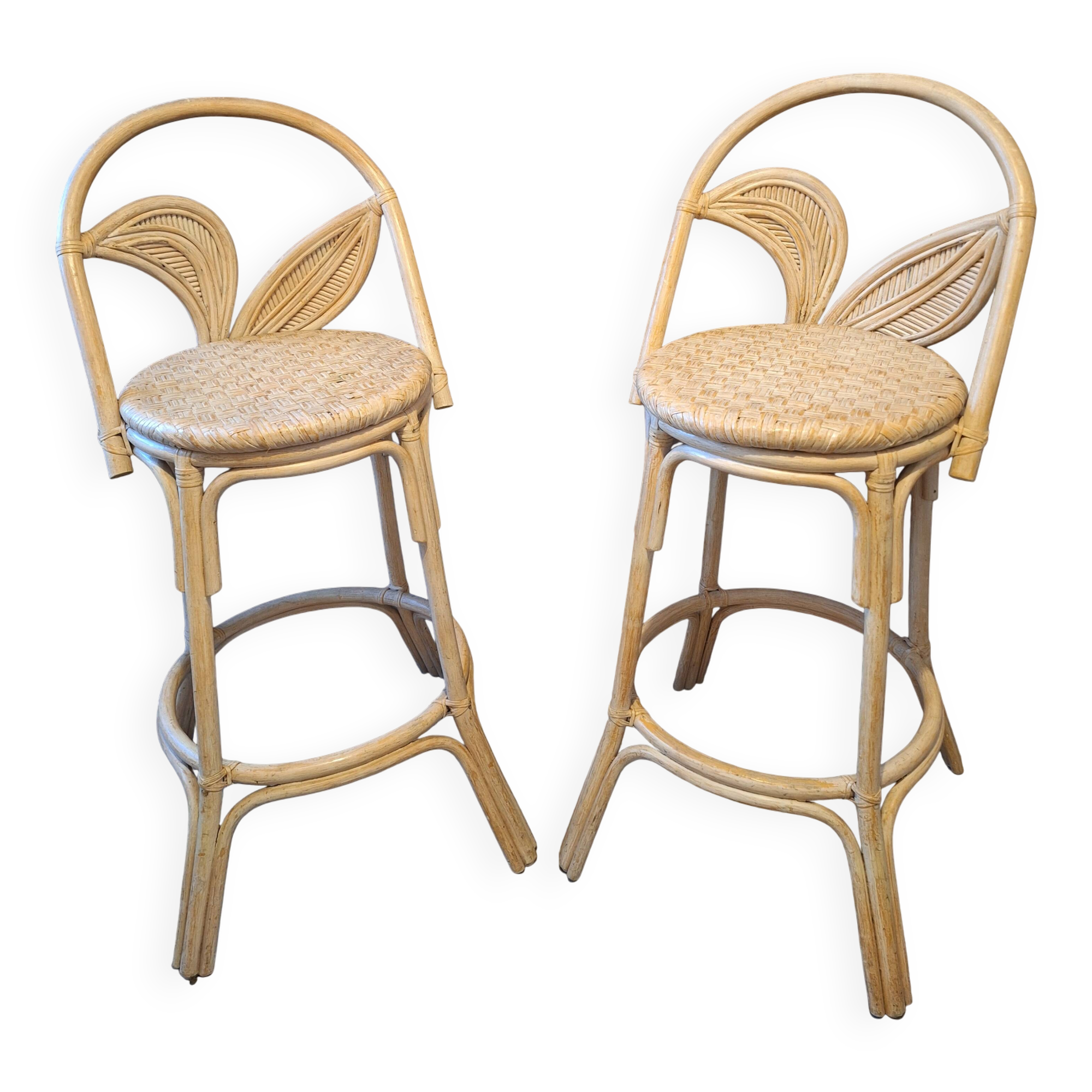 Pair of vintage high stools in rattan — 1960s — Riviera spirit