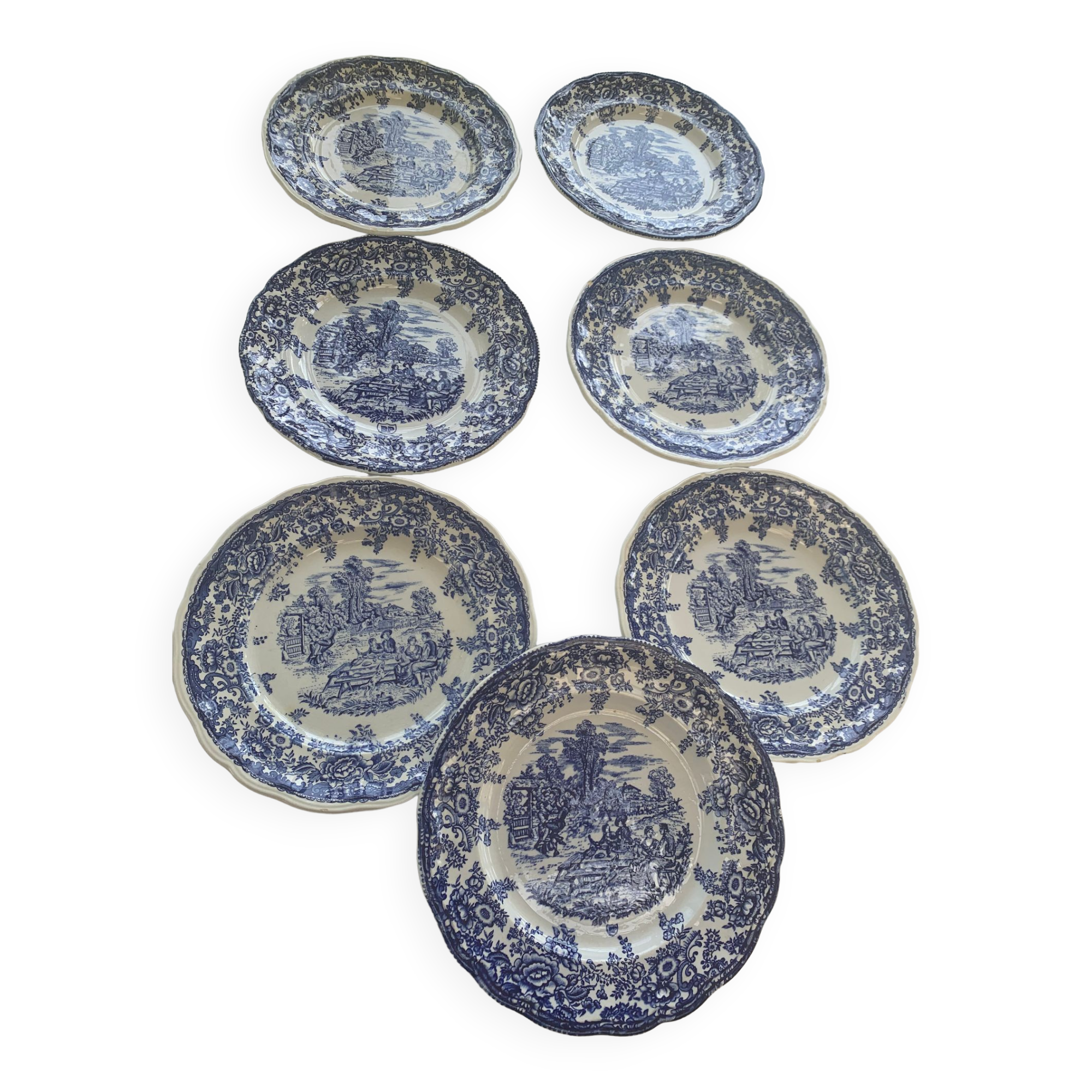 7 flat plates english pattern blue peasant scene vintage