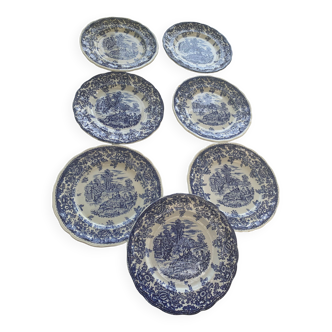 7 flat plates english pattern blue peasant scene vintage