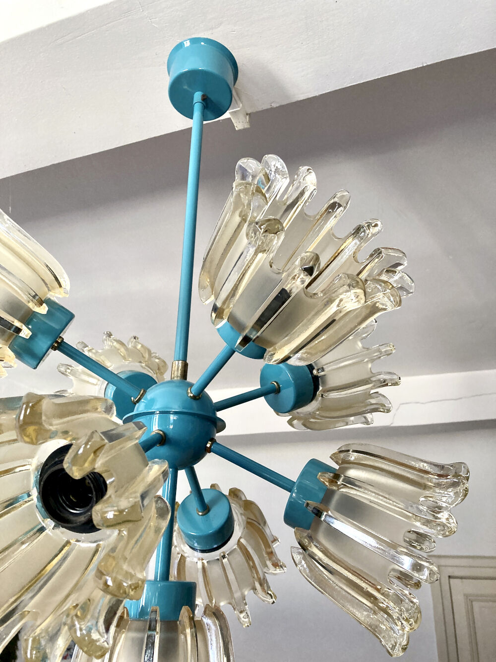 Turquoise glass and metal chandelier with 9 lights, Leclaire & Schäfer, 1960