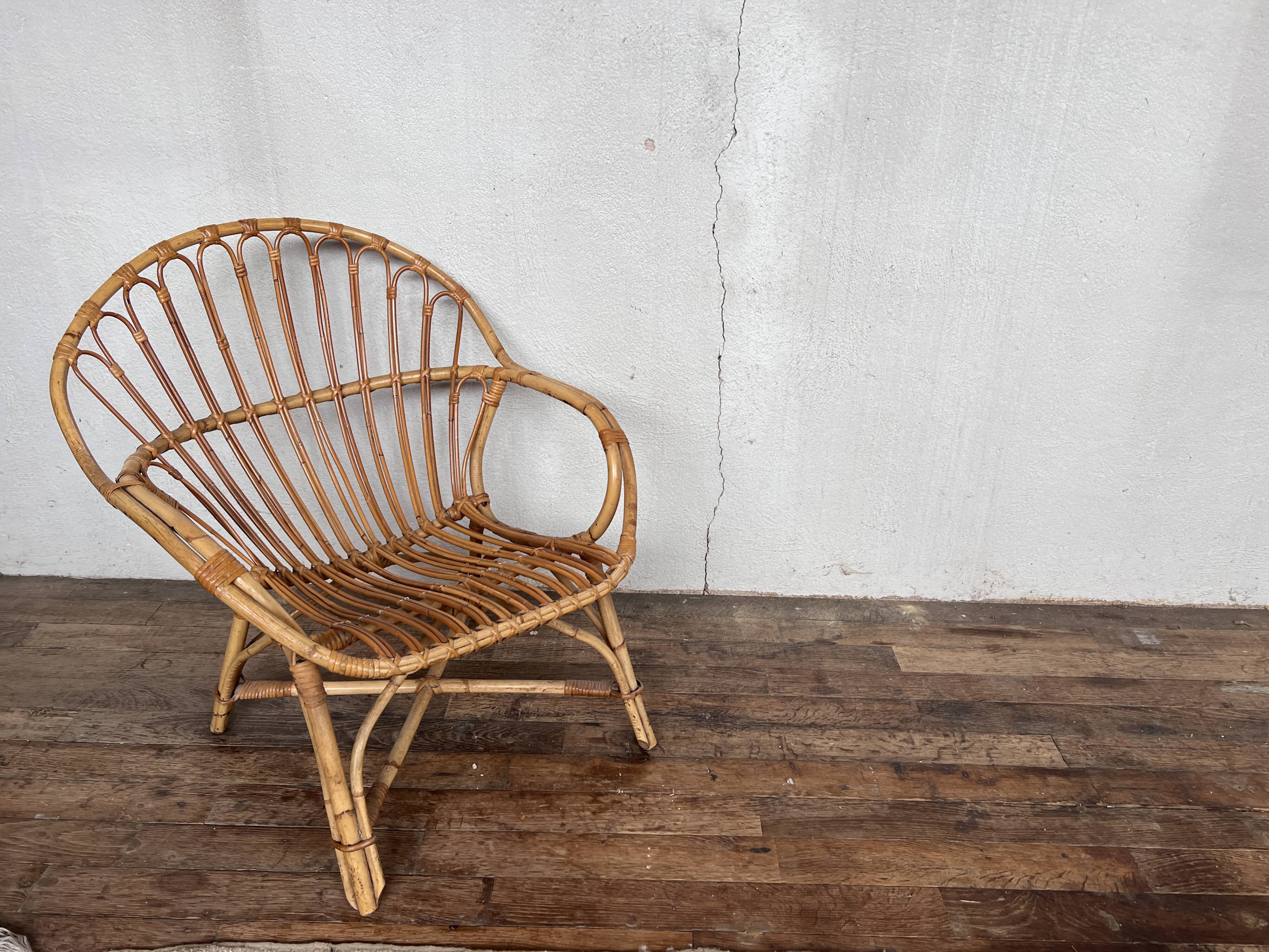 Fauteuil bohème shabby chic en rotin bambou 1950