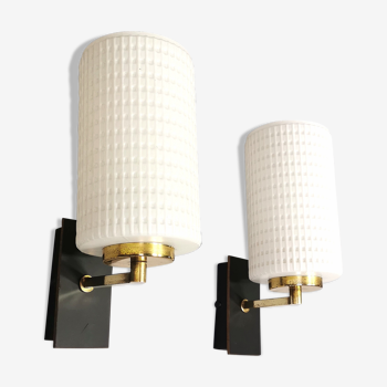 Pair of brass and opaline wall sconces