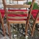 Round wooden table with 1 integrated extension + 6 wooden and fabric chairs