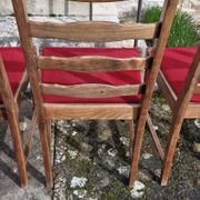 Round wooden table with 1 integrated extension + 6 wooden and fabric chairs