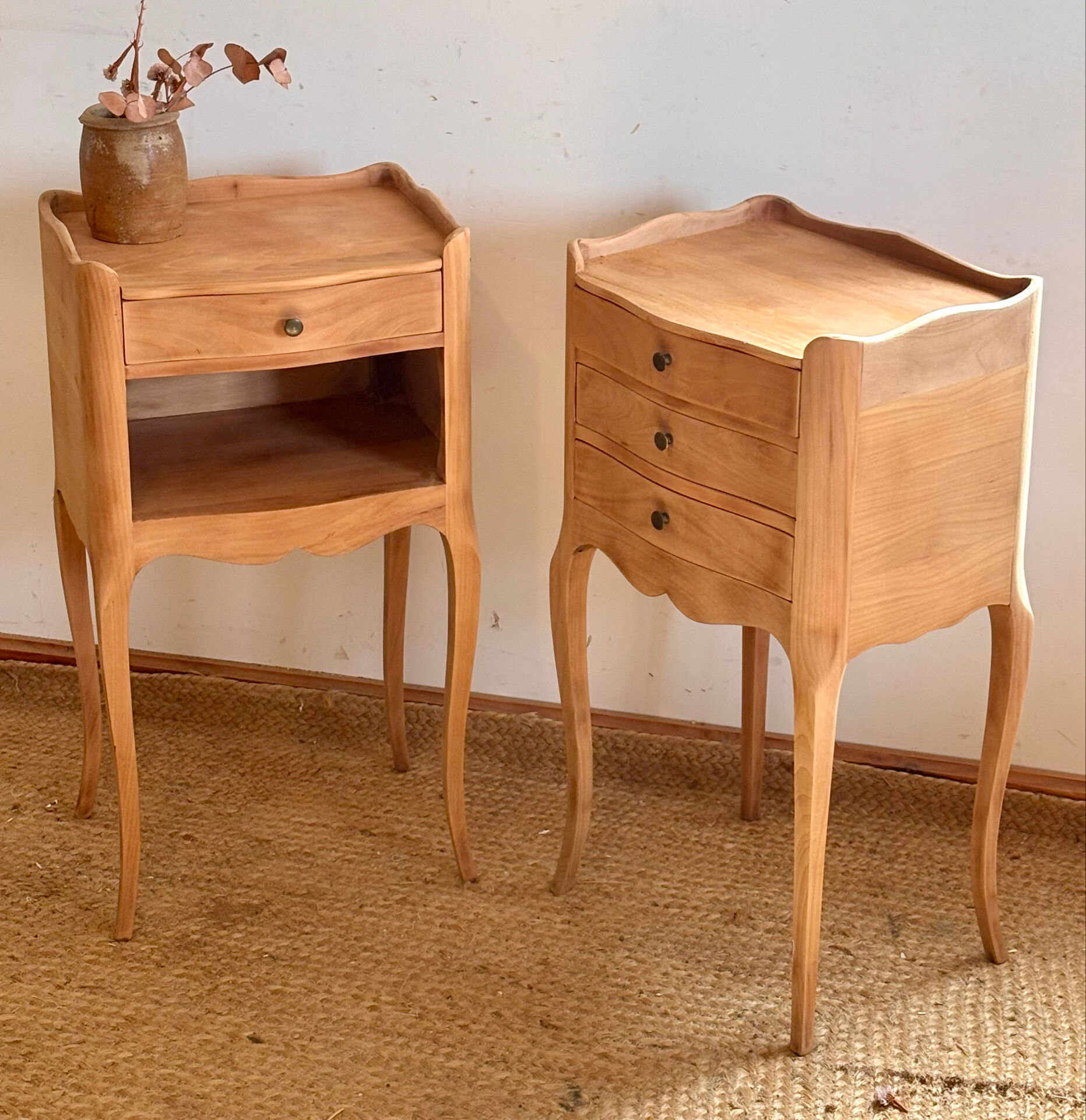 Pair of antique wooden bedside tables.