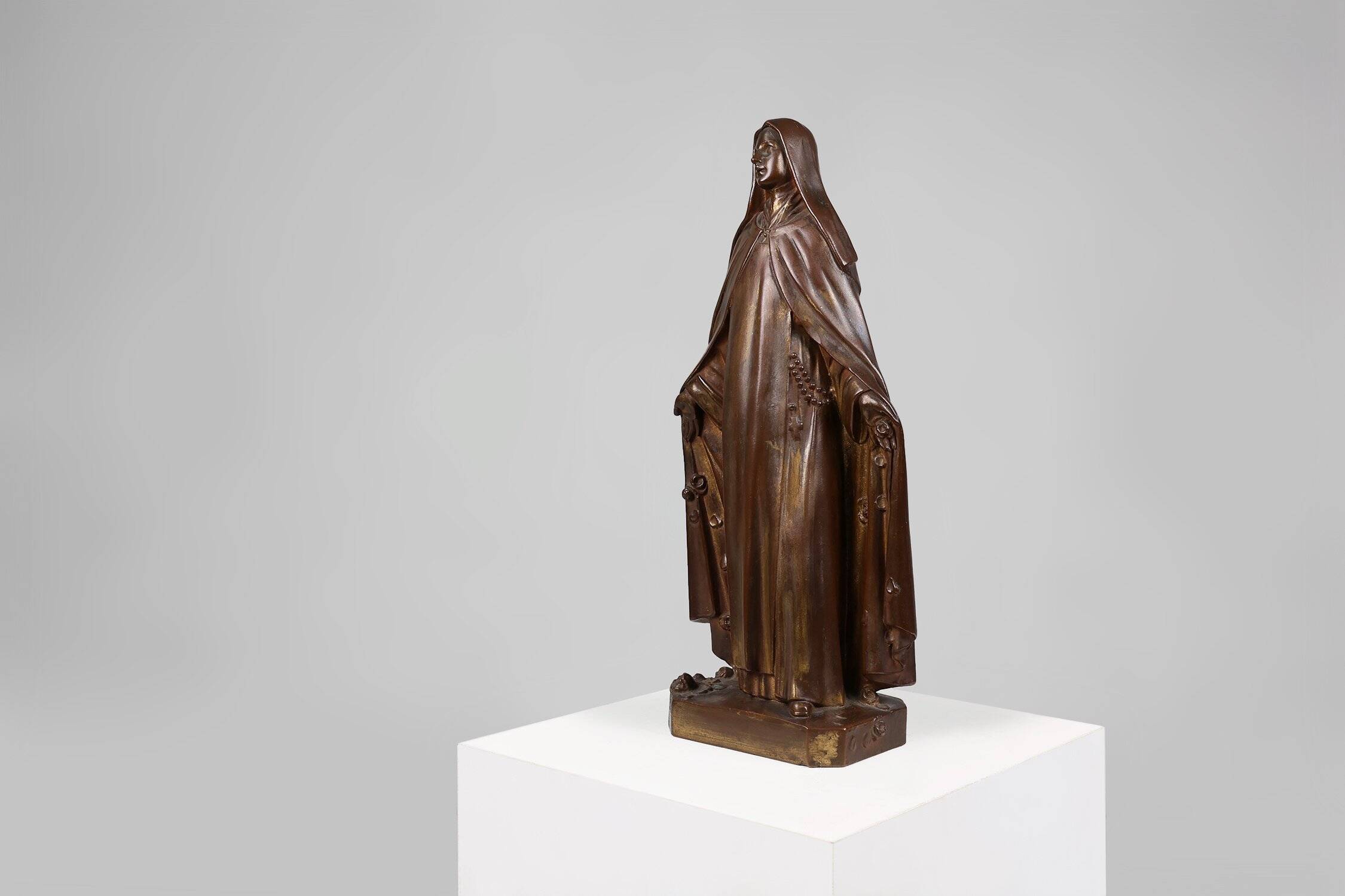 Large Holy Maria Statue in Bronze Painted Plaster, Belgium, 1930s