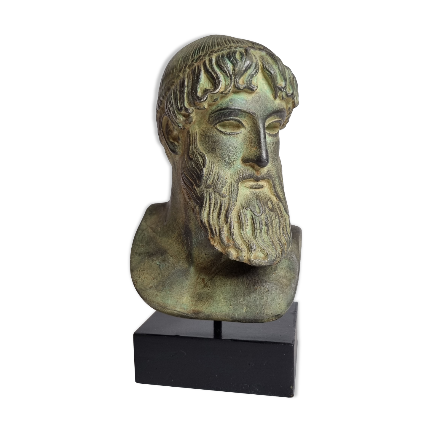 Bust of Poseidon in patinated plaster on wooden base