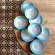 Lot de 8 assiettes creuse vintage bleues, blanches et dorées