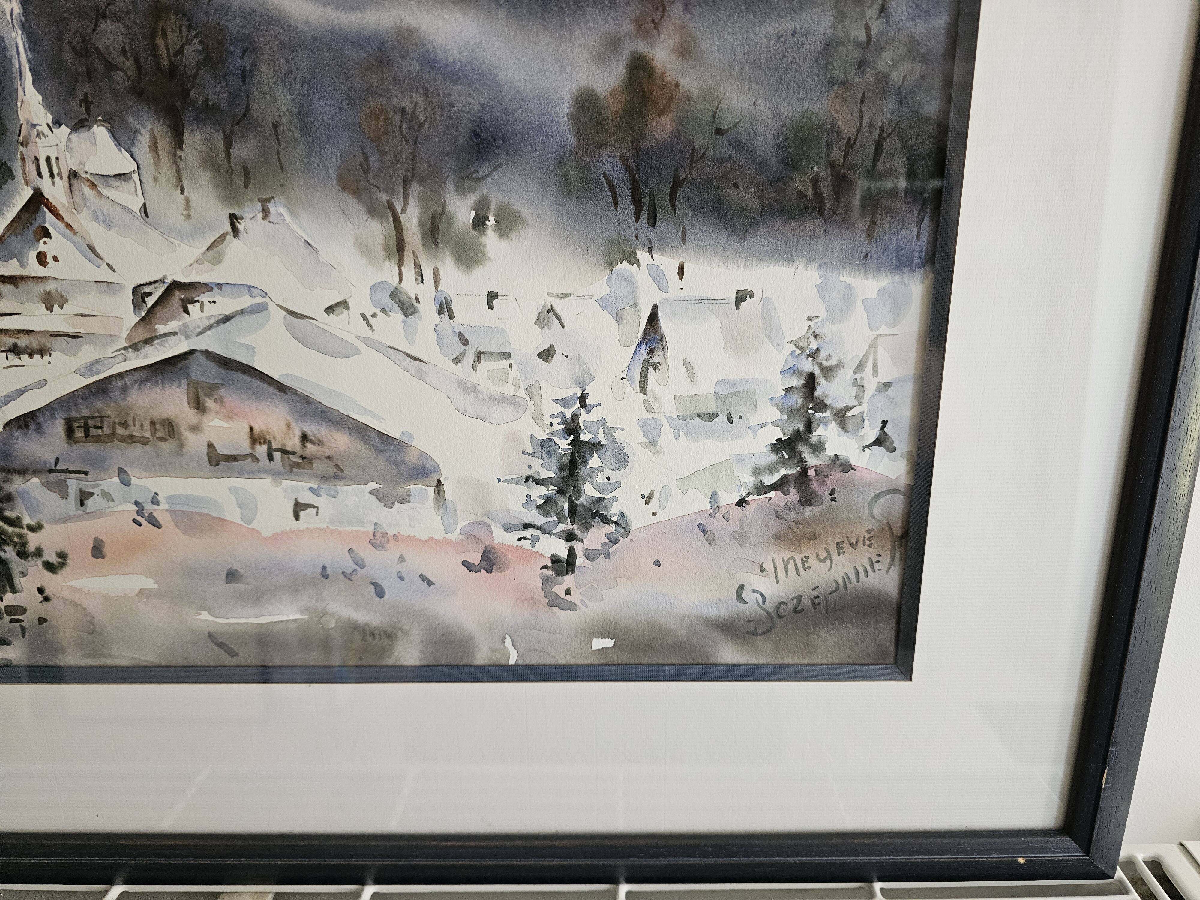 Painting - Watercolor snow landscape - View of Megève Signed