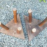 Pair of triangular turned wood stools or harnesses