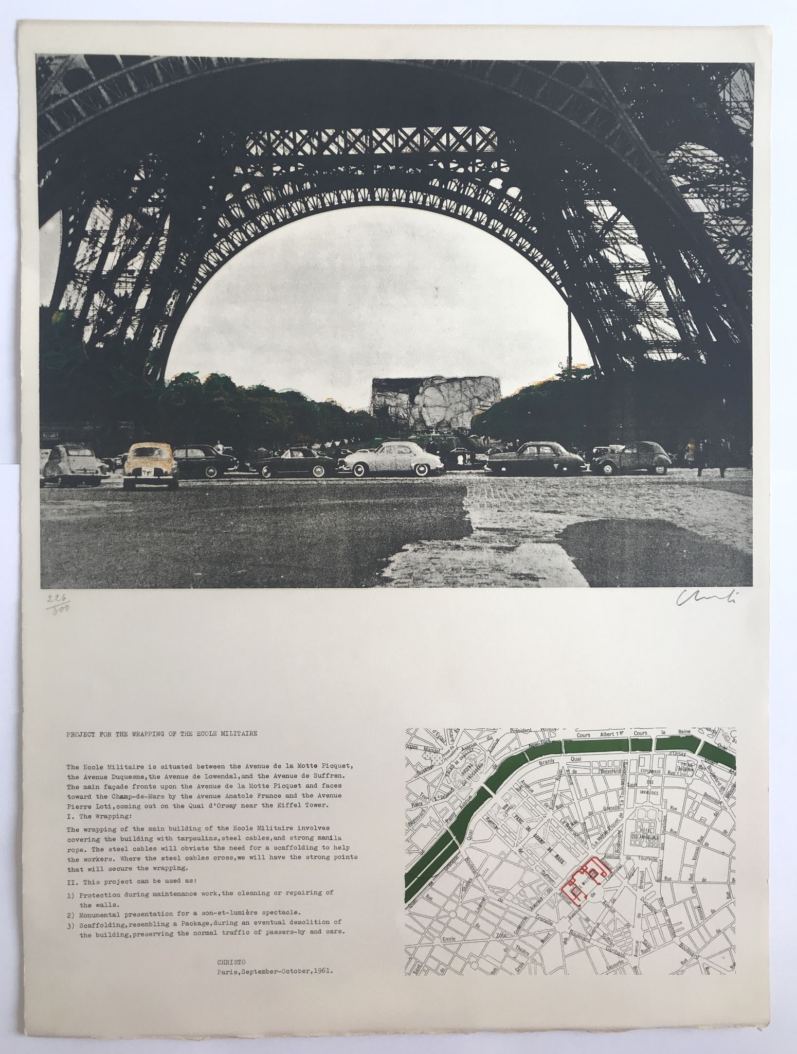Original lithograph signed by CHRISTO, Wrapping of the Ecole Militaire, 1970