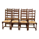 8 solid oak chairs in medium oak with straw, farmhouse style, high back.