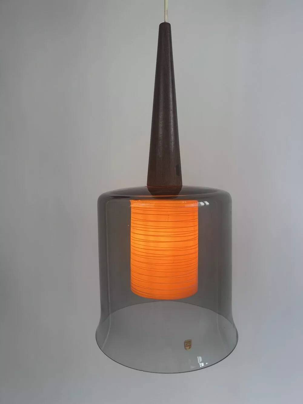 Vintage Philips pendant light, orange & smoked glass – wood, Sweden
