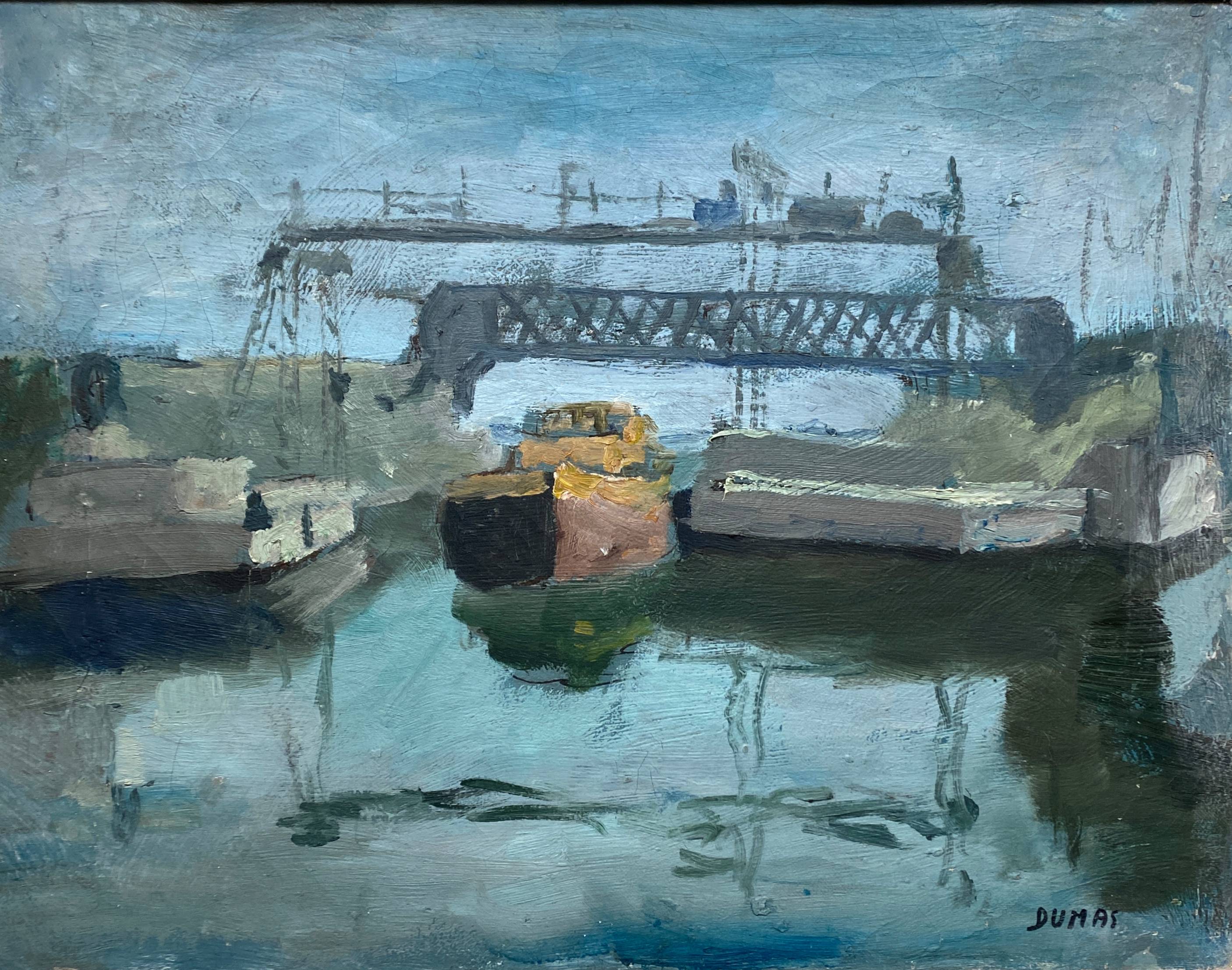 HST painting "The Canal with barges" Post impressionist signed Dumas + frame