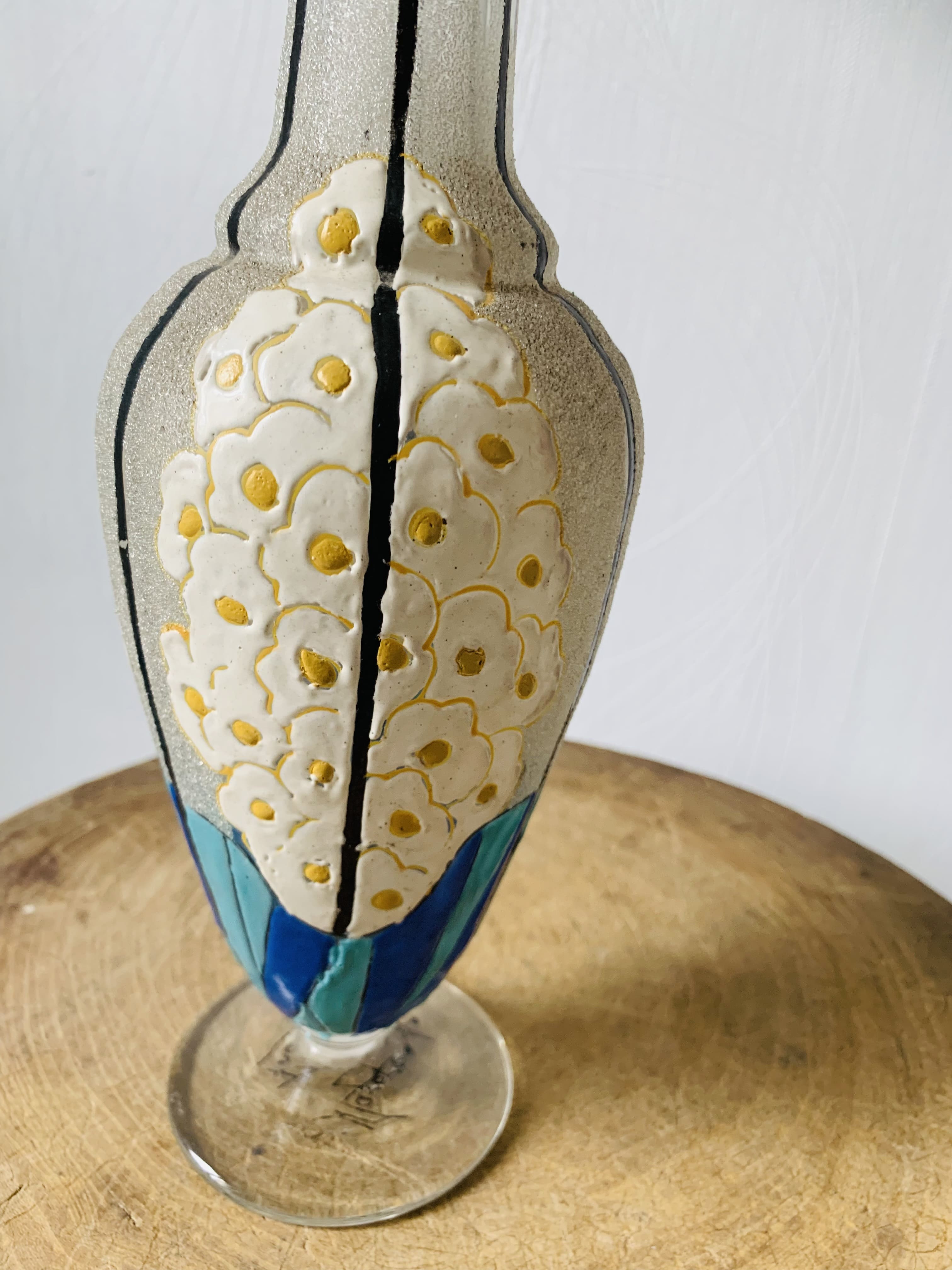 Glass and enamel vase with art deco flower decoration signed Mazoyer