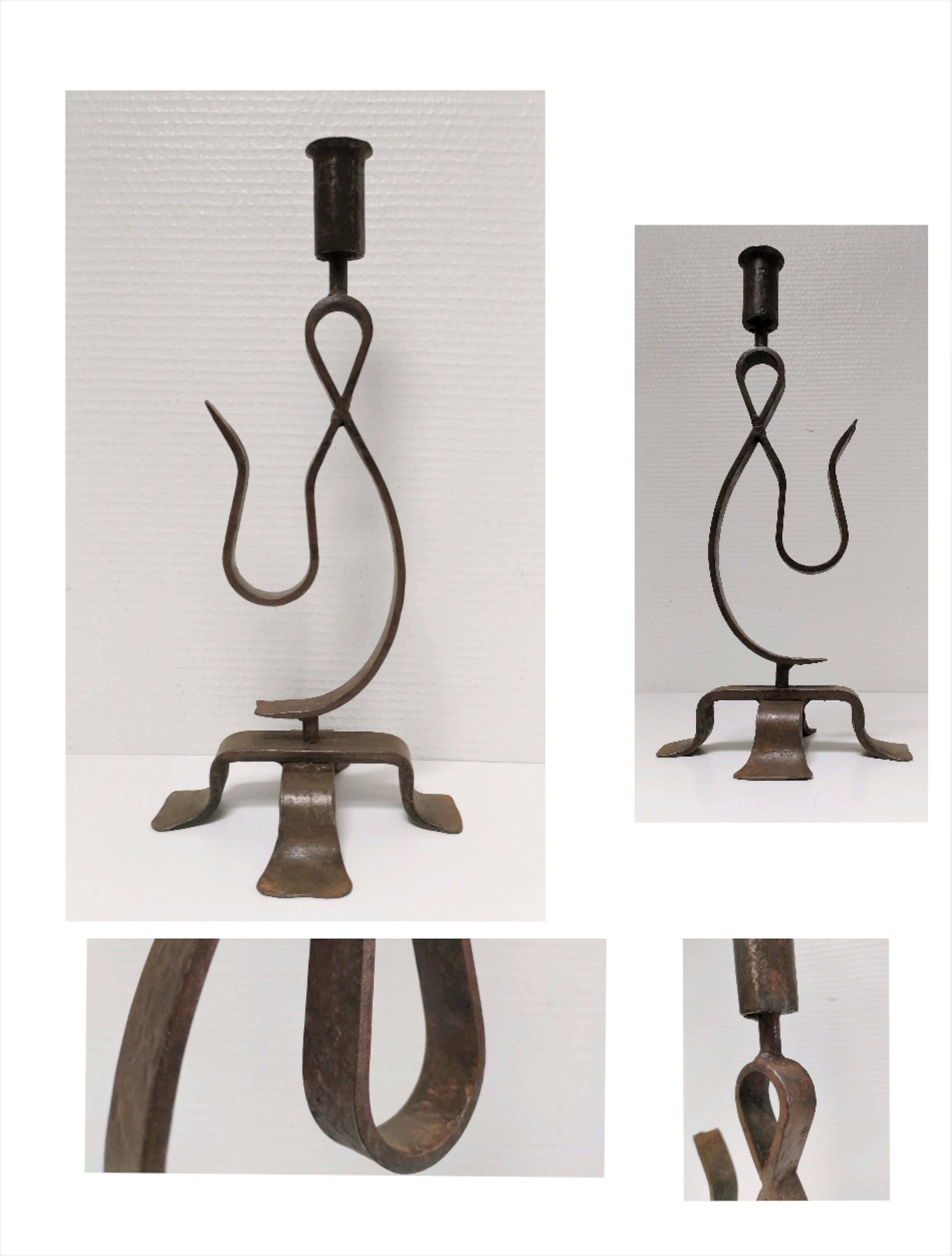 Brutalist candle holder wrought iron beaten patinated H. 37 cm