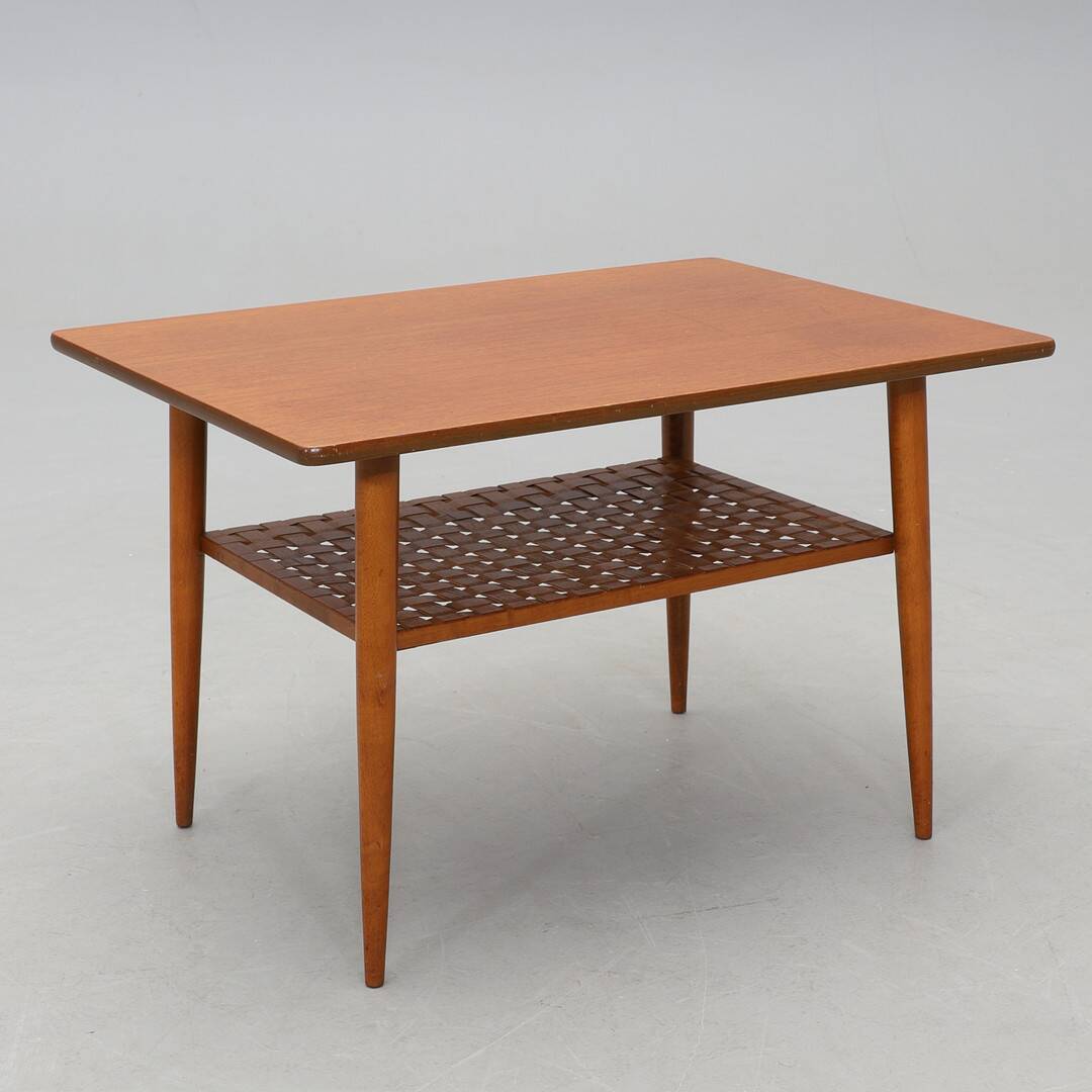 Vintage Scandinavian teak coffee table with woven shelf - 1960s