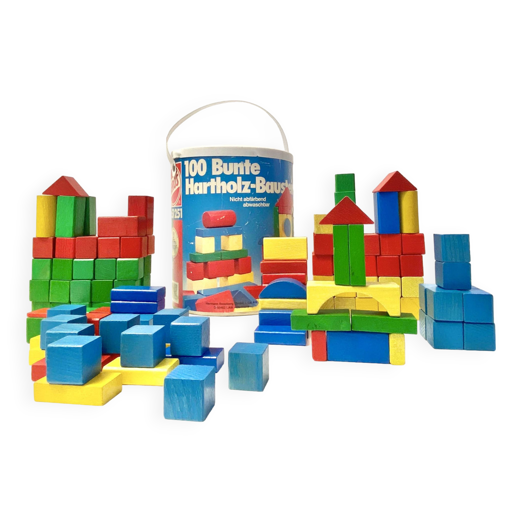 Old wooden construction game in its barrel - 178 colored cubes - heros