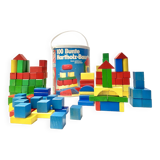 Ancien jeu de construction en bois dans son baril - 178 cubes colorés - heros