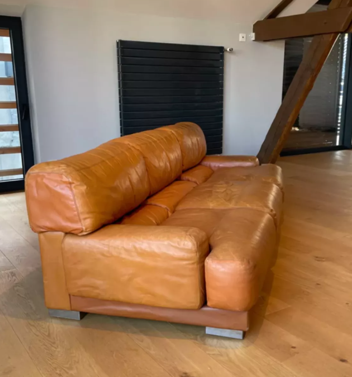 Vintage 3-seater sofa Gérard Guermonprez fawn and stainless steel leather, France 1970