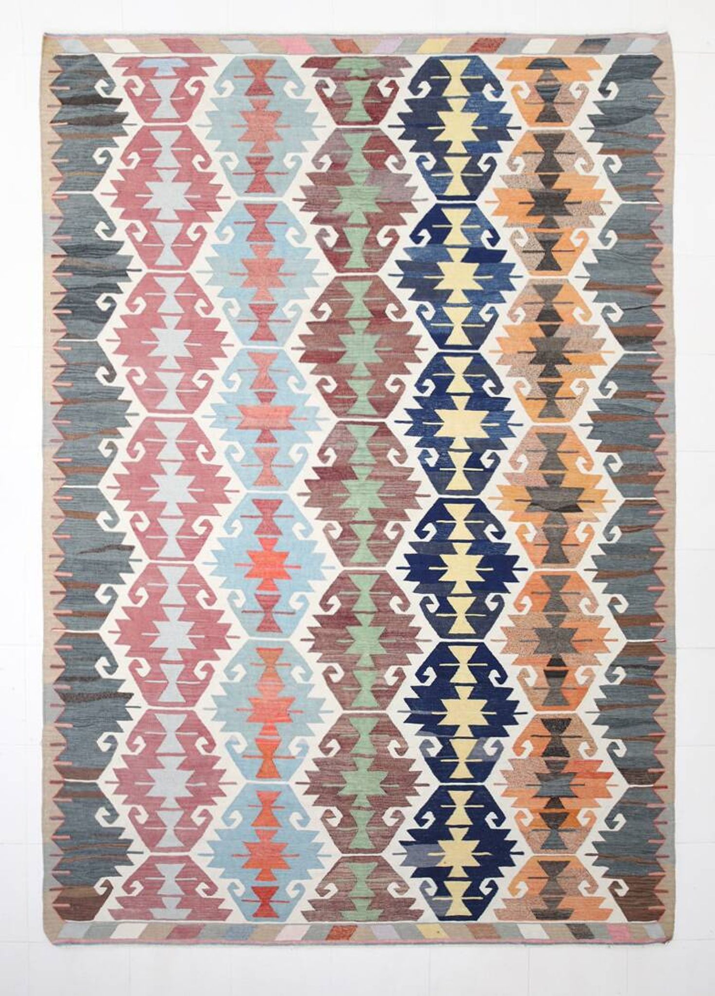8x13 Geometric Style Kilim Rug, Turkish Vintage Kilim Rug, 253x370Cm