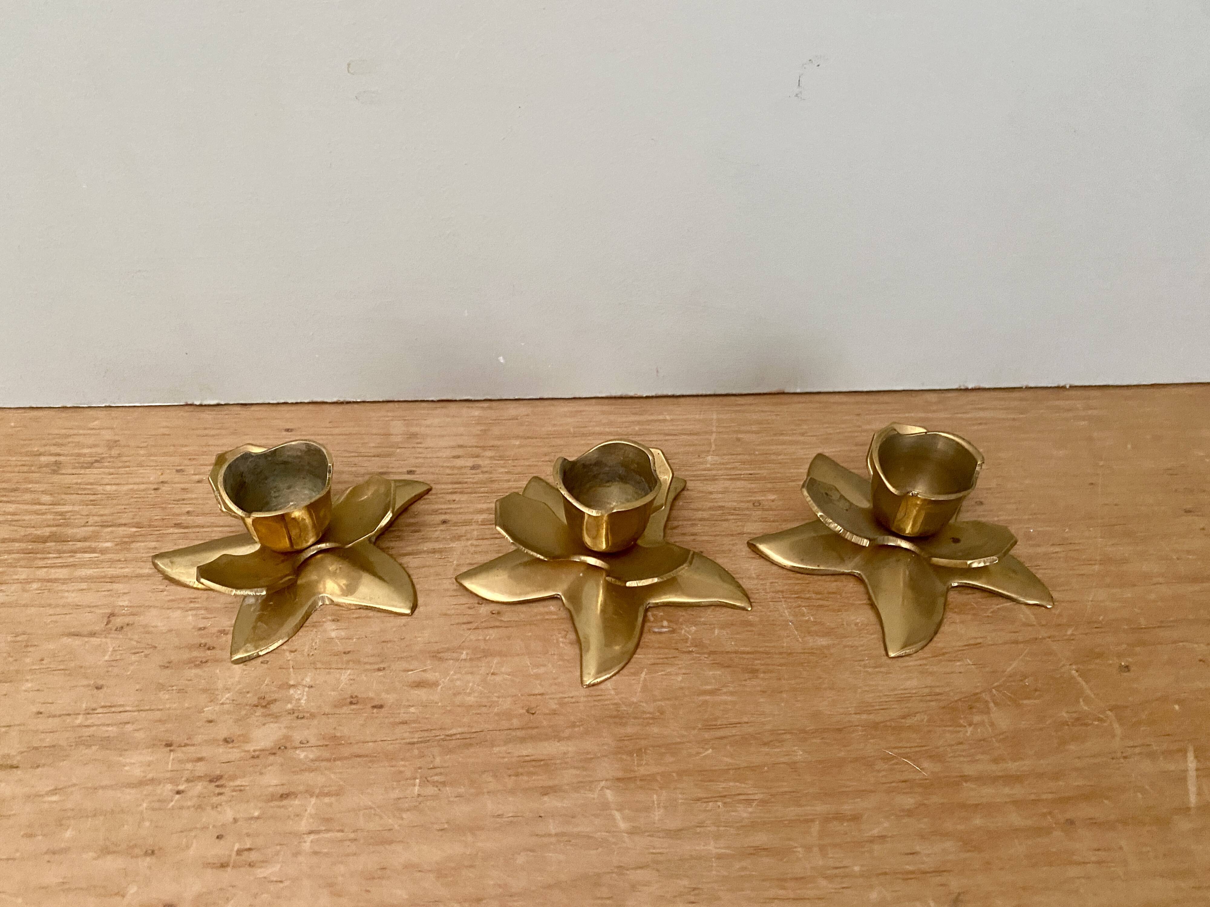 Set of 3 vintage candle holders in gold-plated brass