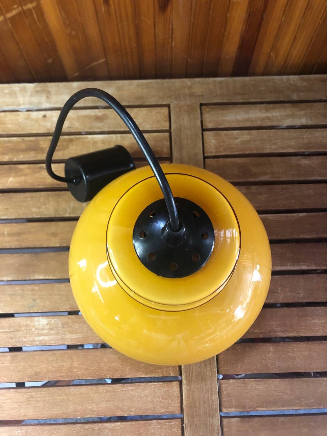 Old Yellow Opaline Pendant Light White Interior 1970s Vintage #A380