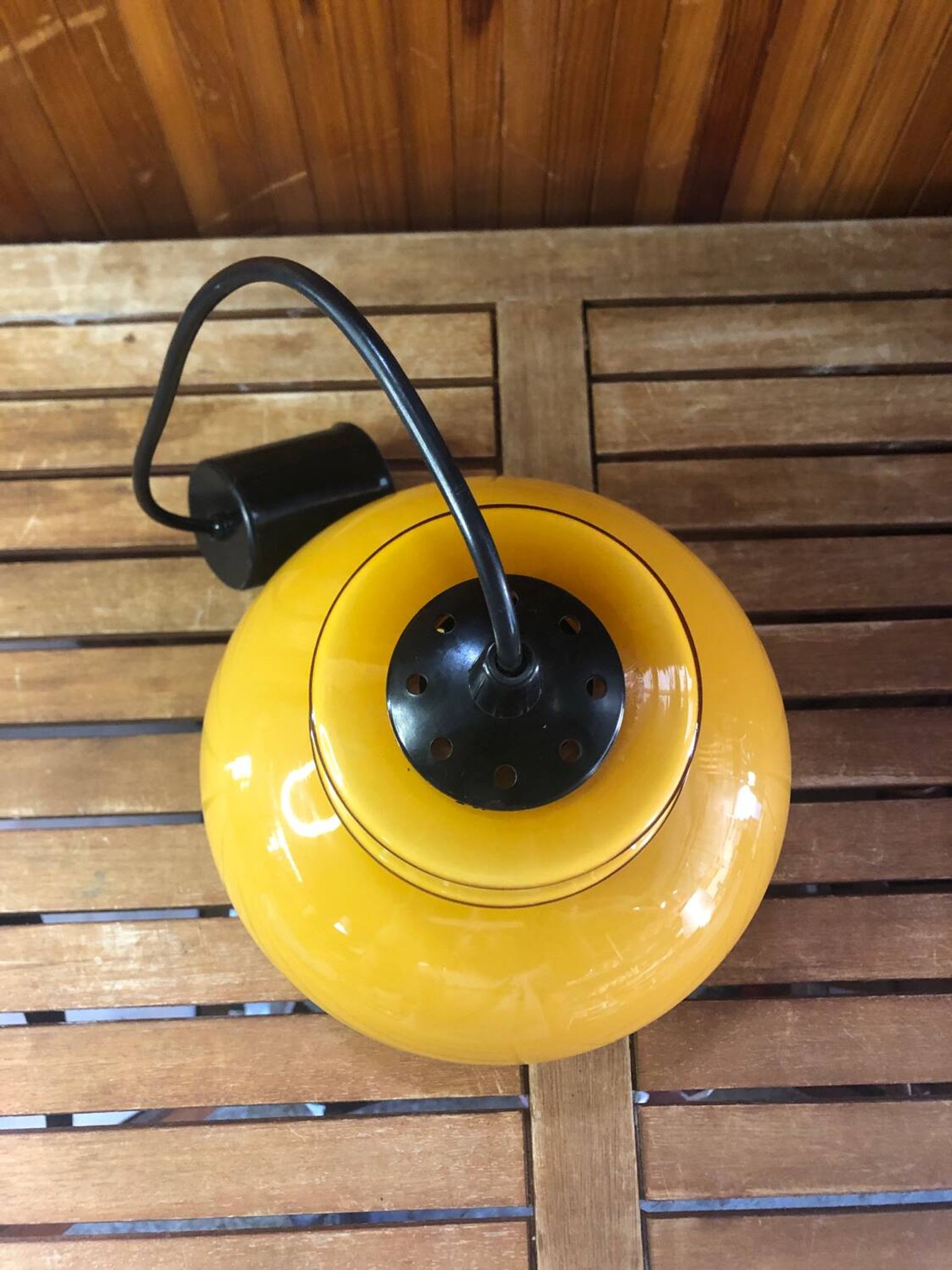 Old Yellow Opaline Pendant Light White Interior 1970s Vintage #A380