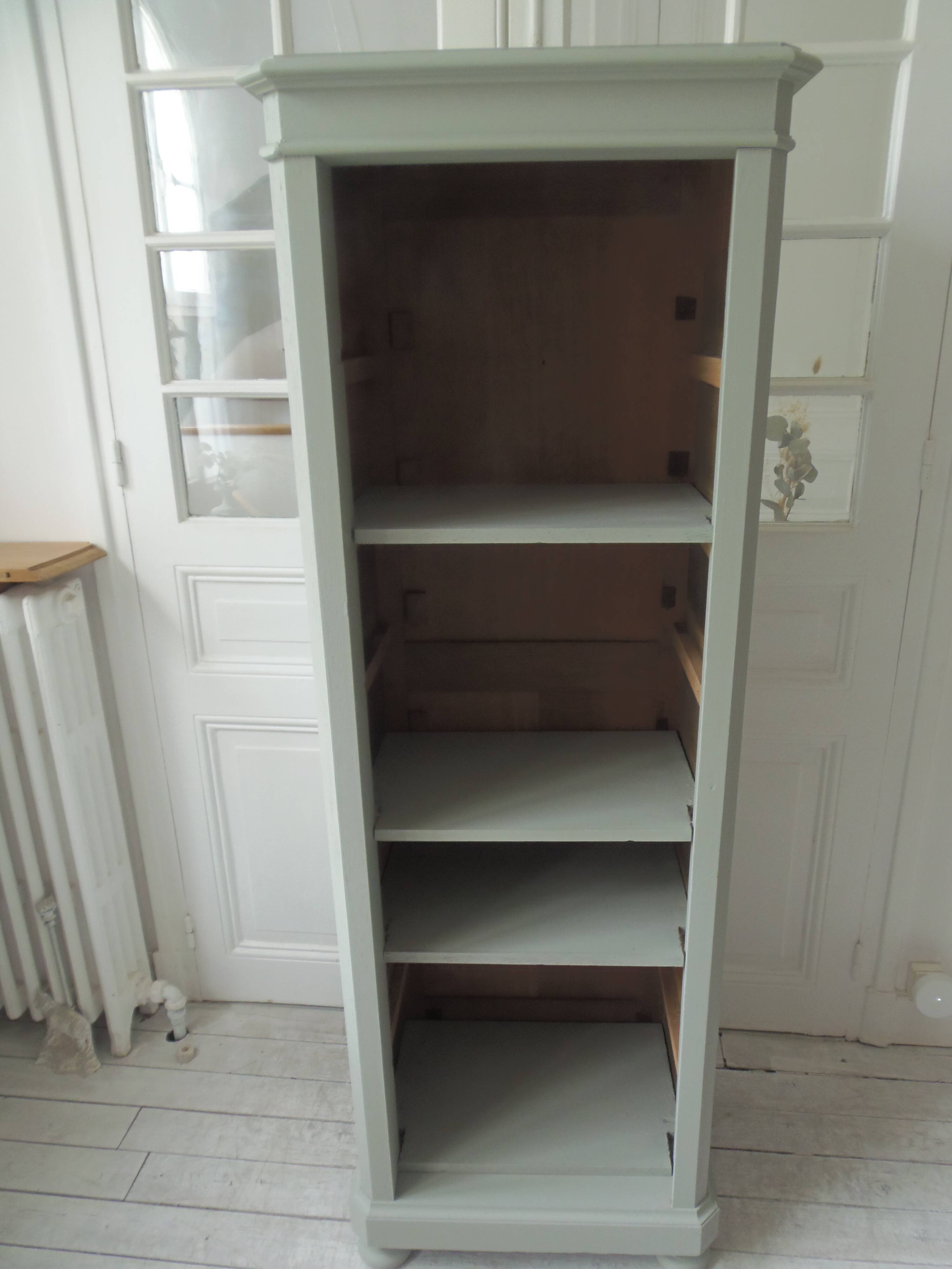 Bookcase, vintage dresser re-enchanted in verdigris waxed finish.