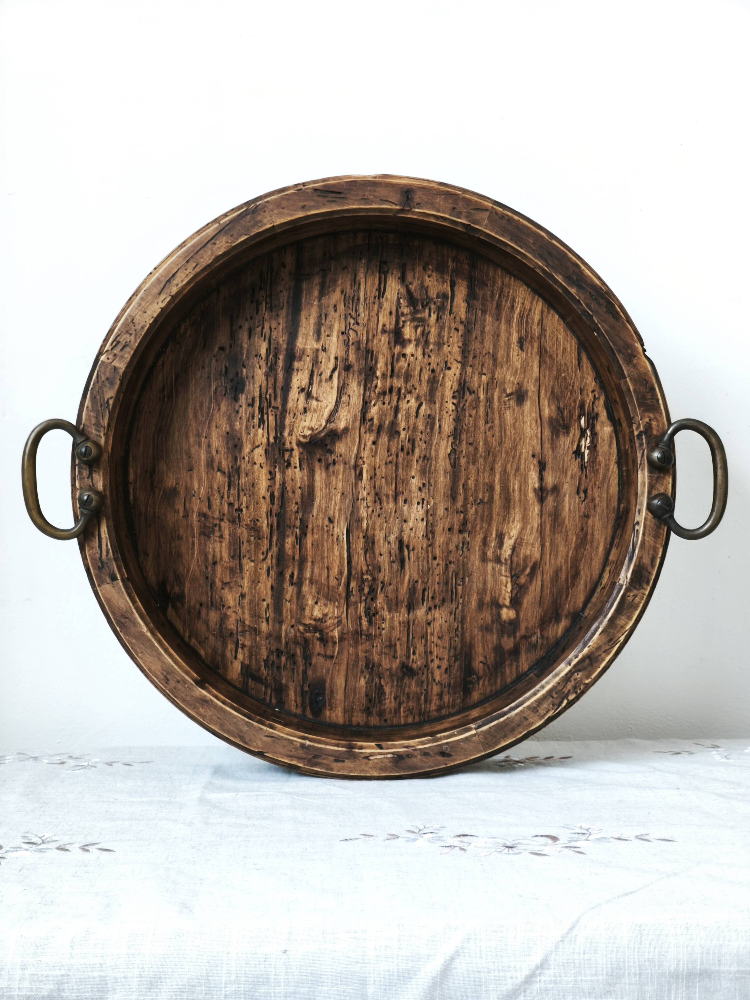 Large antique Italian wooden tray with brass handles.
