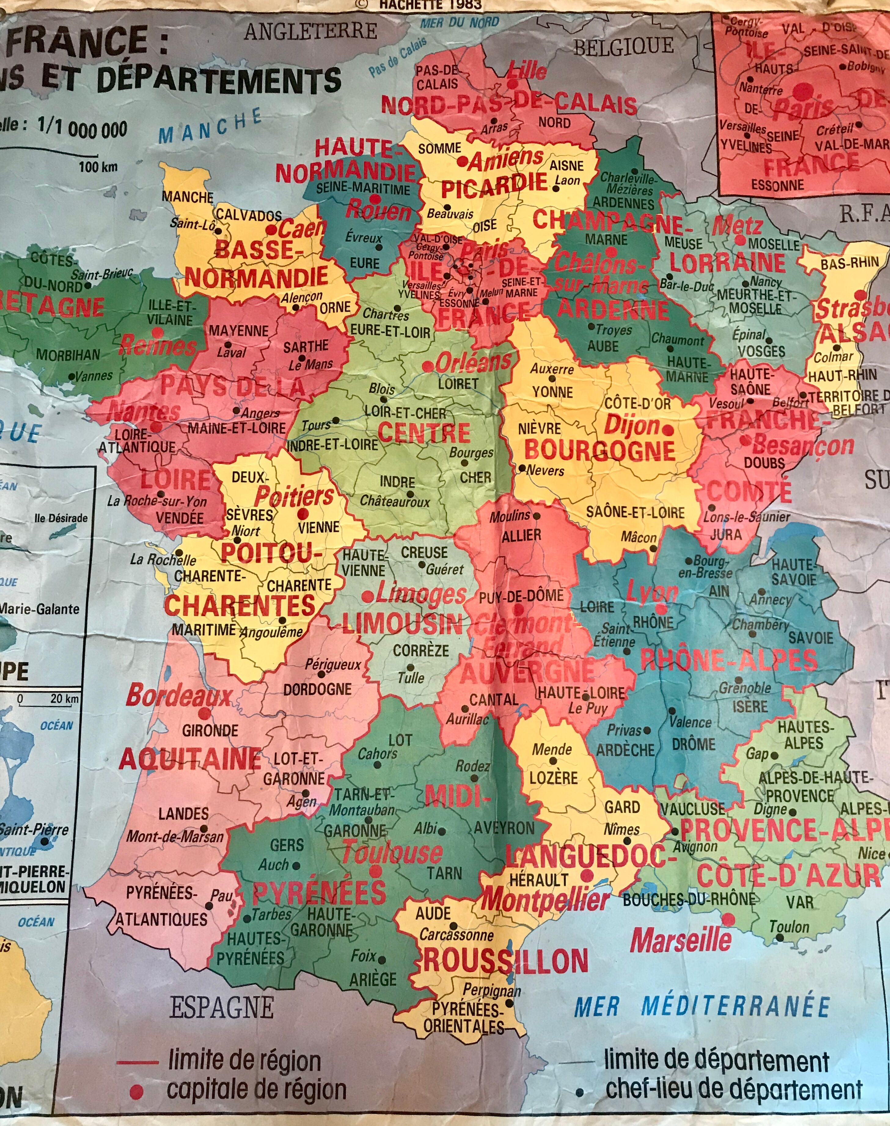 School map of france agriculture & livestock and administrative france 50s-60s