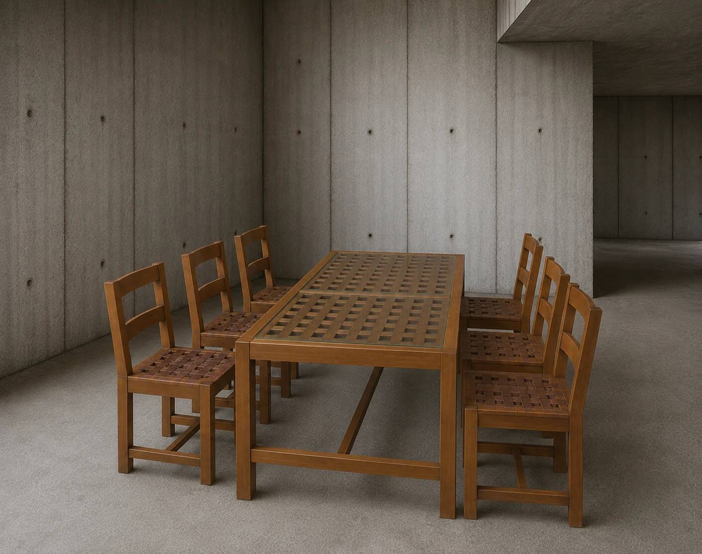 6 × chairs / dining table in oak / table openwork top / 2 inlaid glass panels / open woven leather seats / original set in very good condition / France 1950s