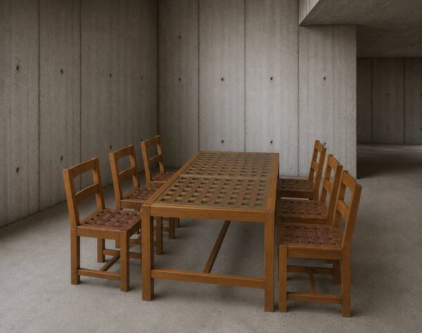 6 × chaises / table à manger en chêne / table à plateau ajouré / 2 panneaux en verre incrustés / sièges en cuir tressé ouvert / ensemble original en très bon état / France années 1950