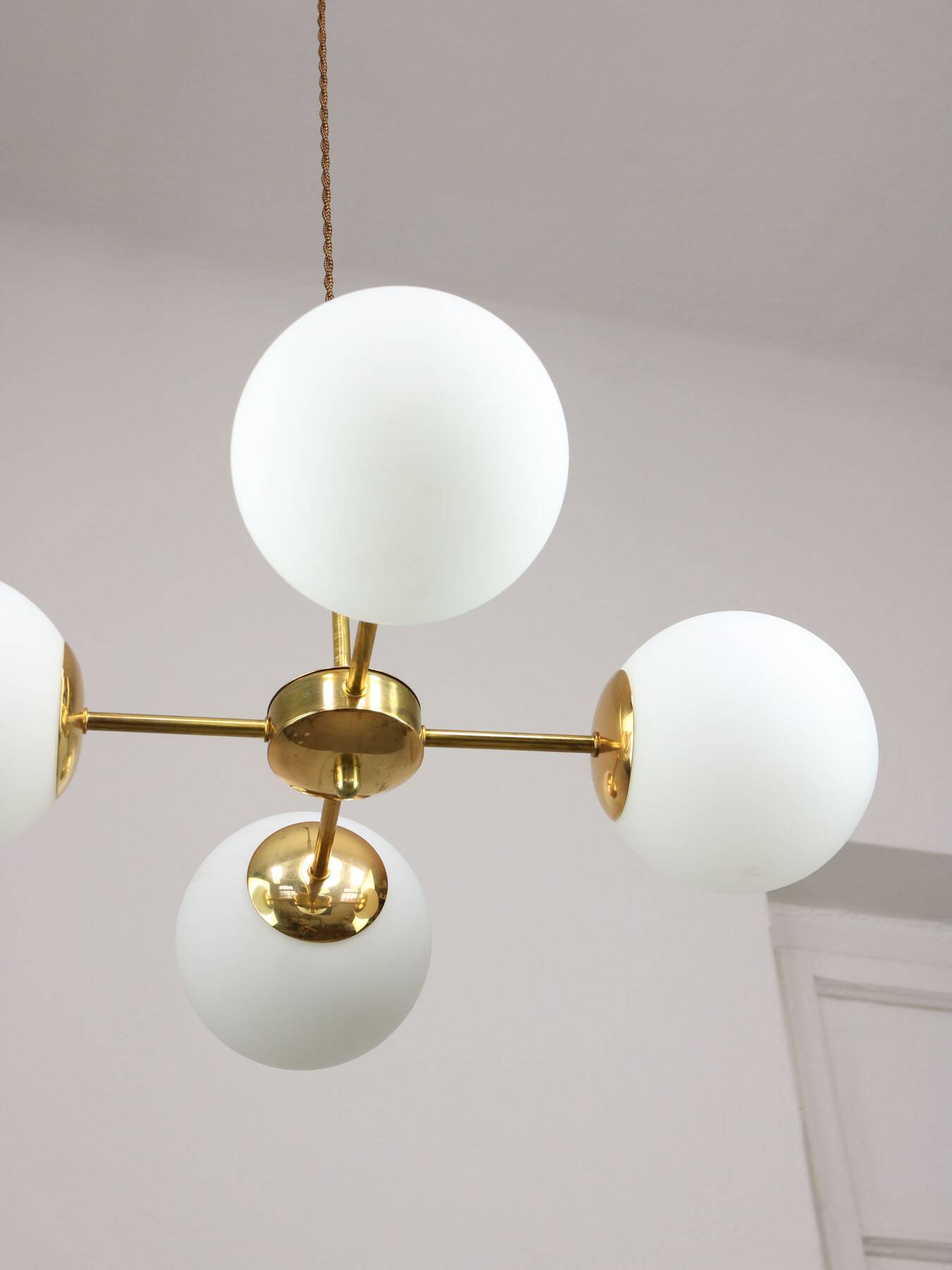 Italian Mid Century Golden Sputnik Chandelier with Opaline Shades, 1960s