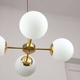 Italian Mid Century Golden Sputnik Chandelier with Opaline Shades, 1960s