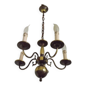 Small Vintage French 5 Light Aged Finish Brass Flemish Style Chandelier 4611