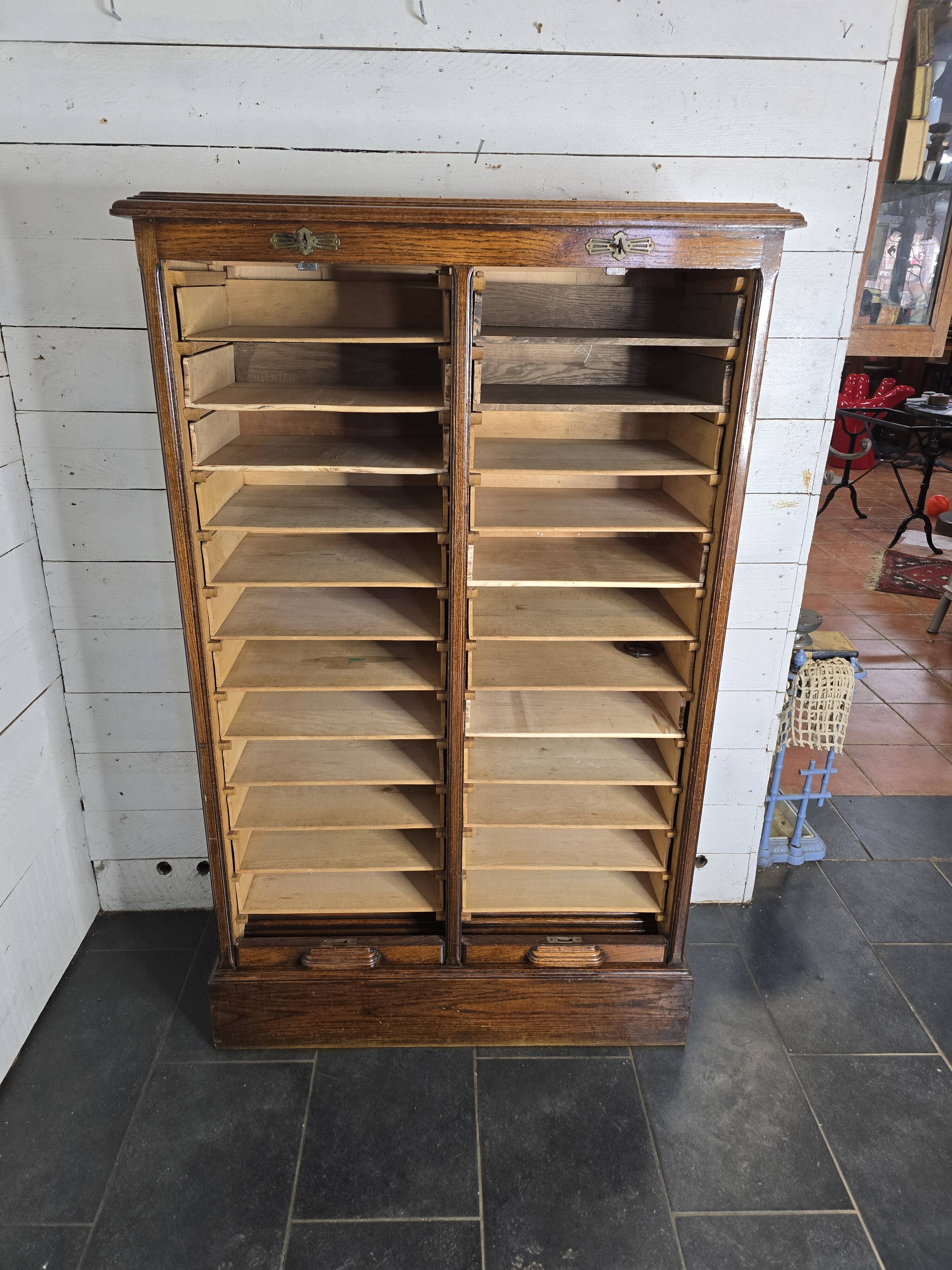 Solid oak double curtain filing cabinet
