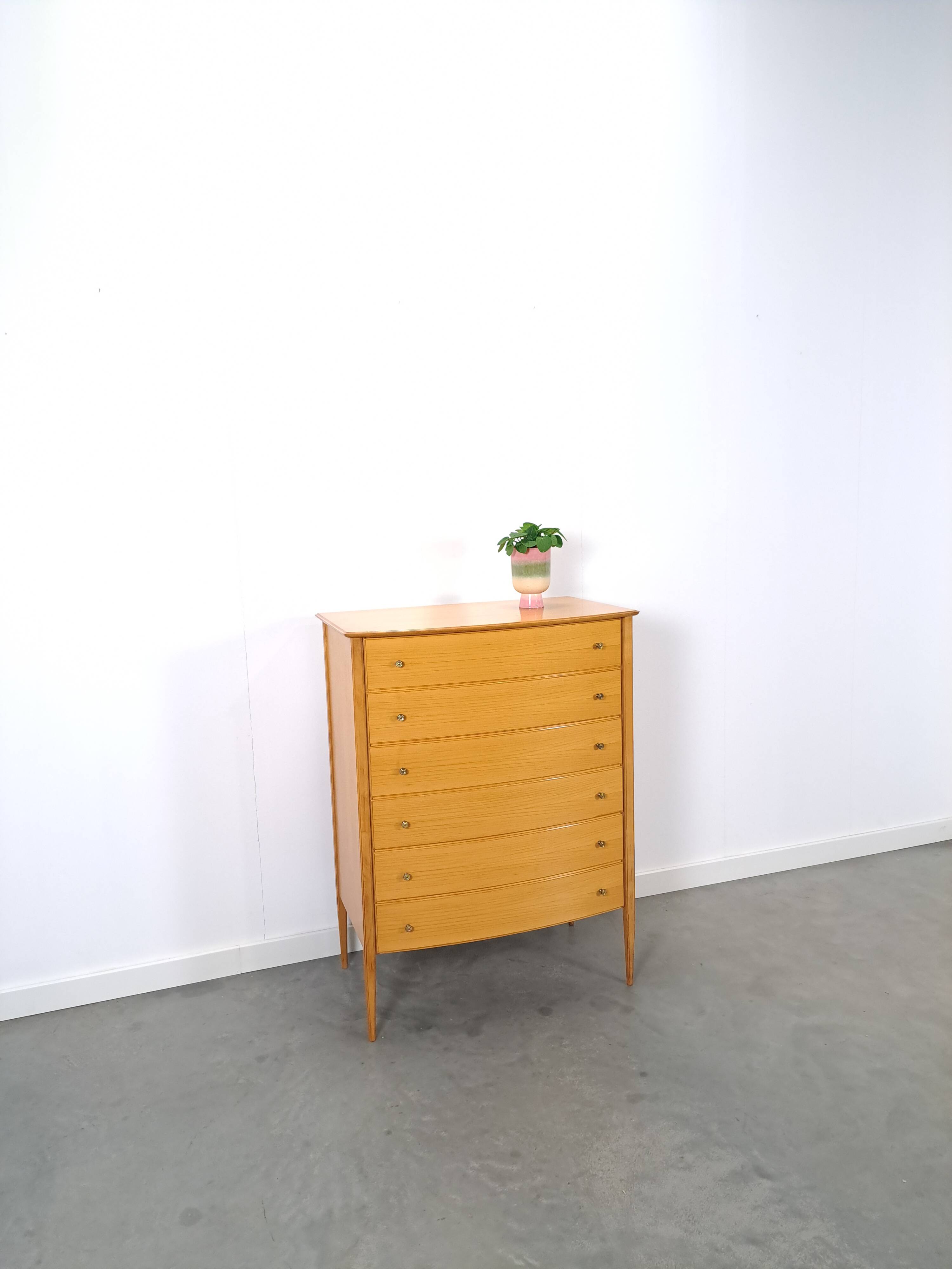 Mid-Century hoge gebogen ladekast met 6 lades