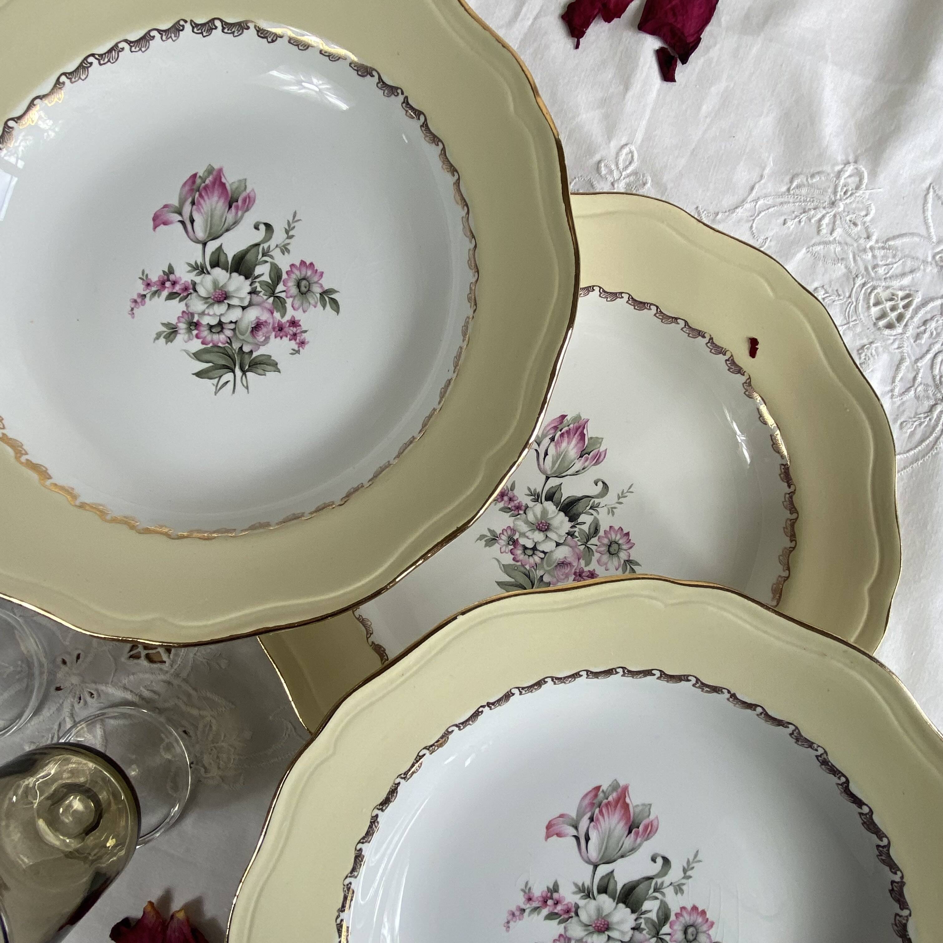 6 antique cream earthenware deep plates with gilded flowers Amandinoise