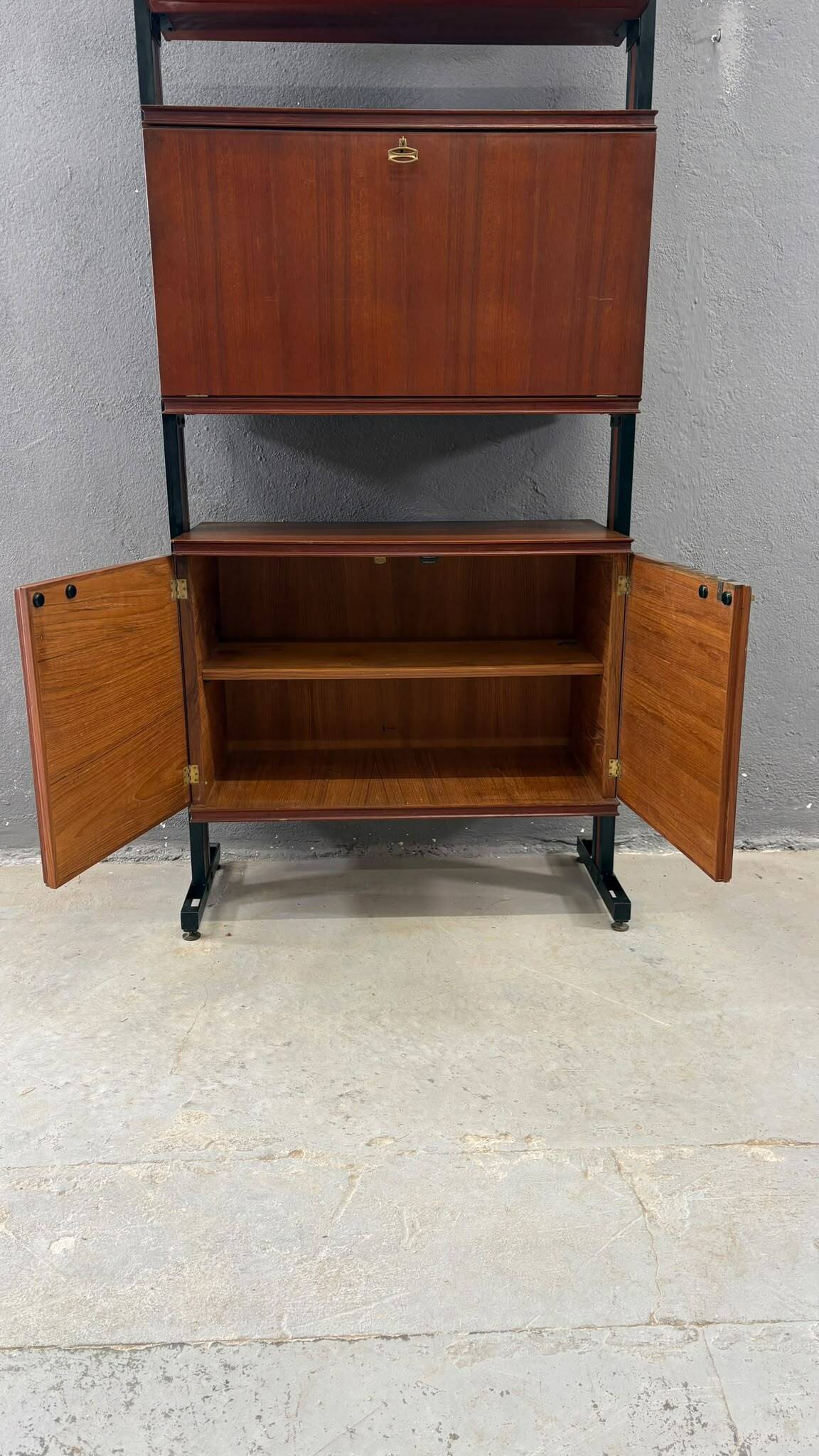 Unité murale modulaire moderne du milieu du siècle, cabinet de rangement en placage et métal noir, années 1960, Europe